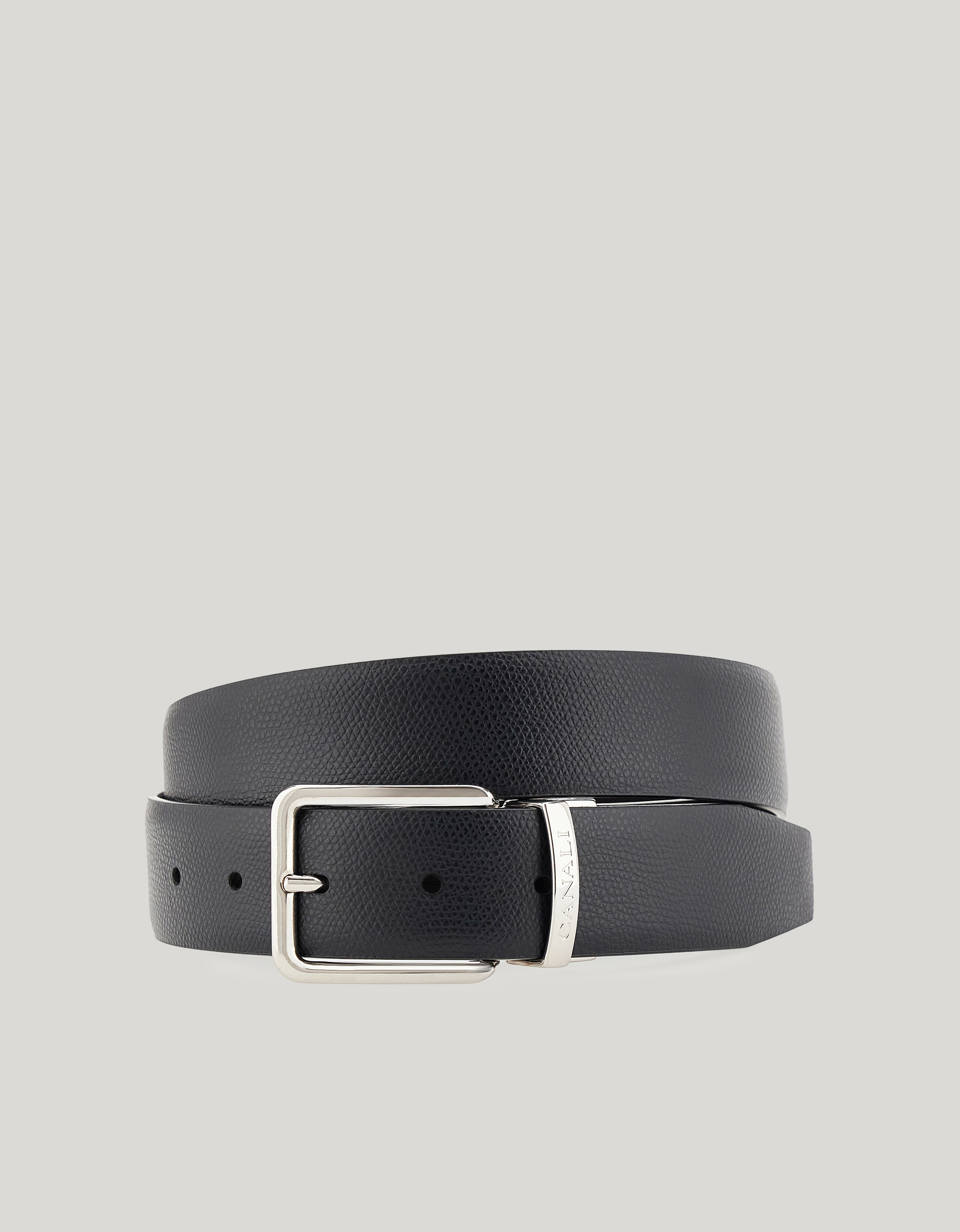 Belt in smooth and Palmellato calfskin in black and dark brown 
