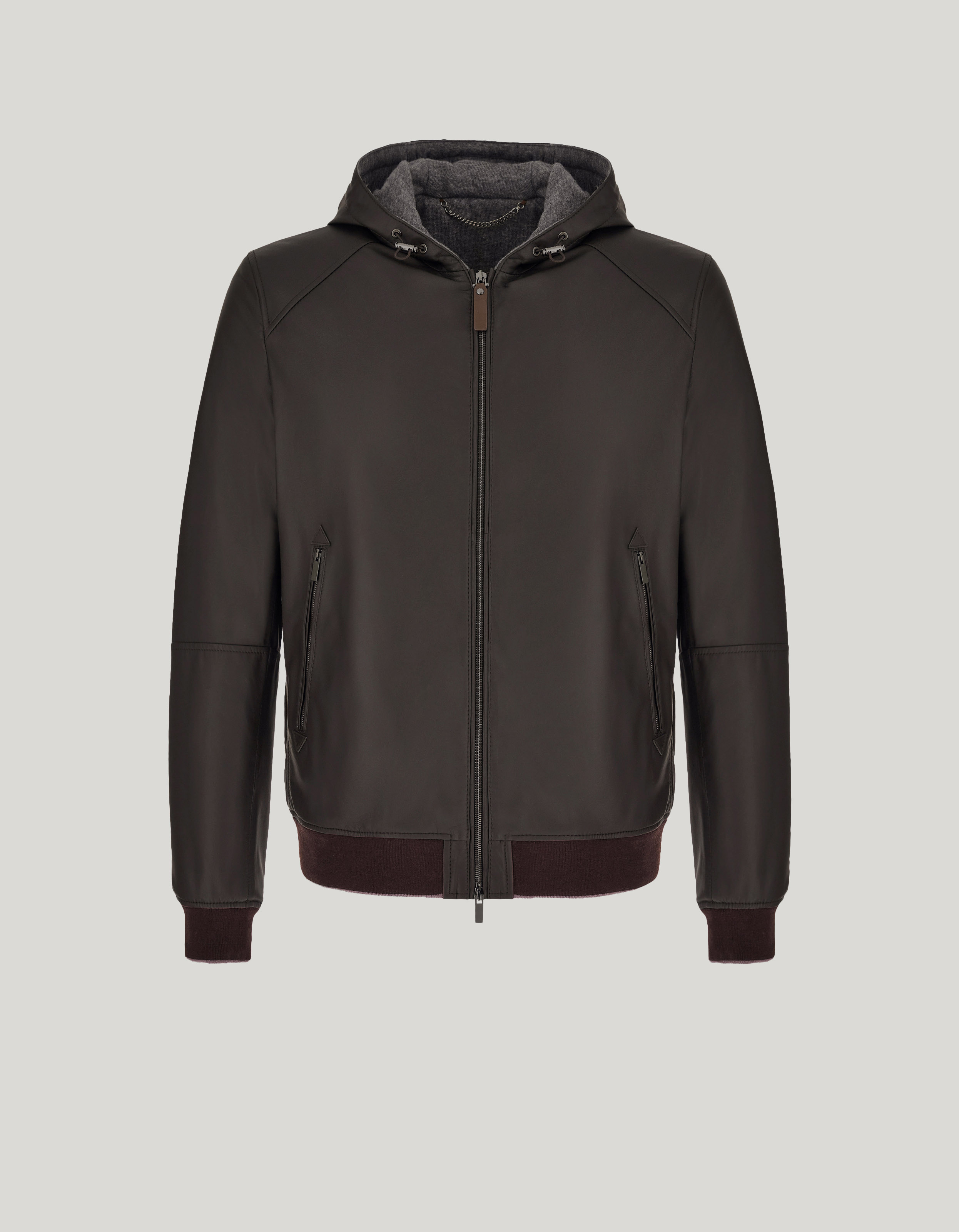 Hooded blouson in brown napa leather 