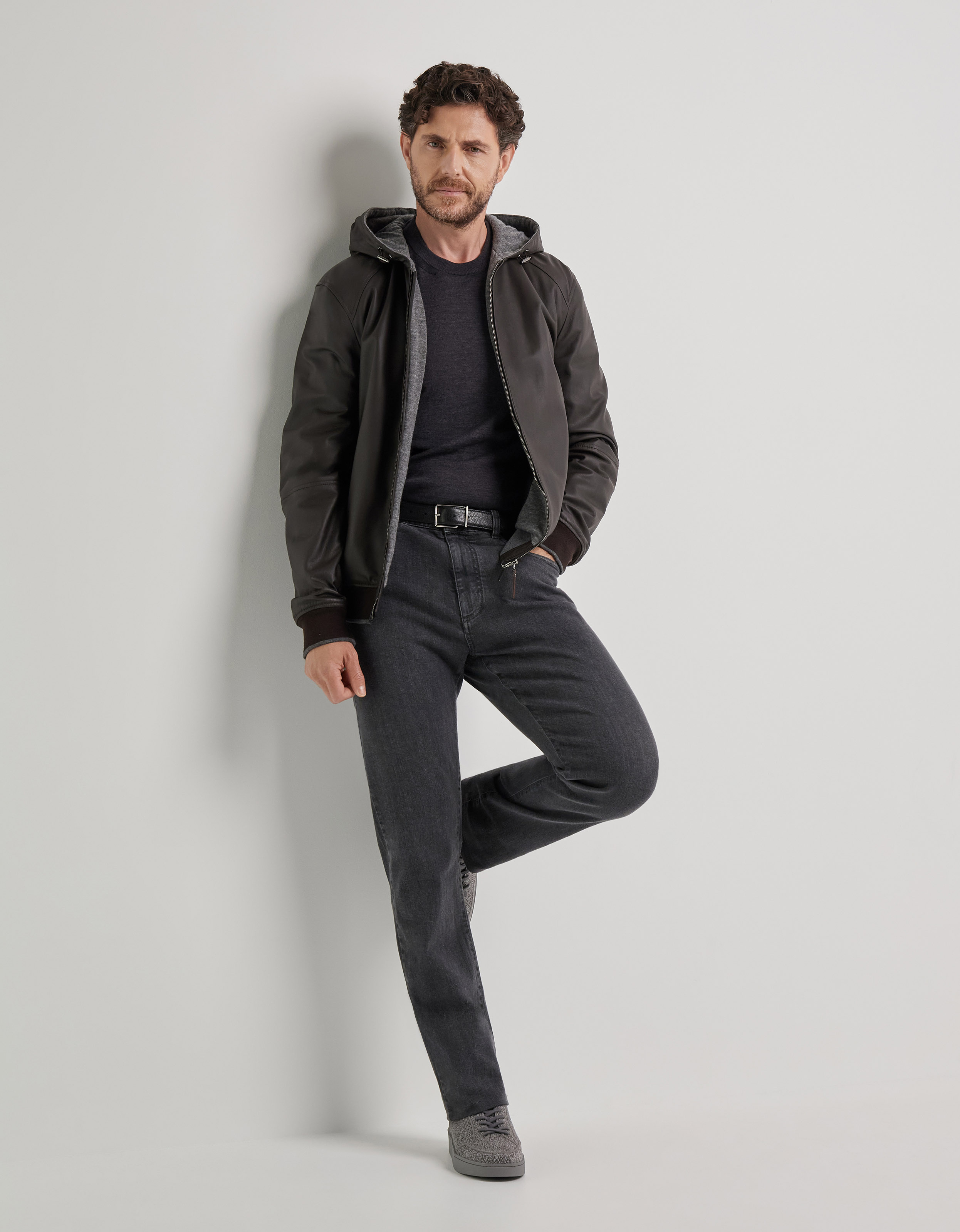 Hooded blouson in brown napa leather
