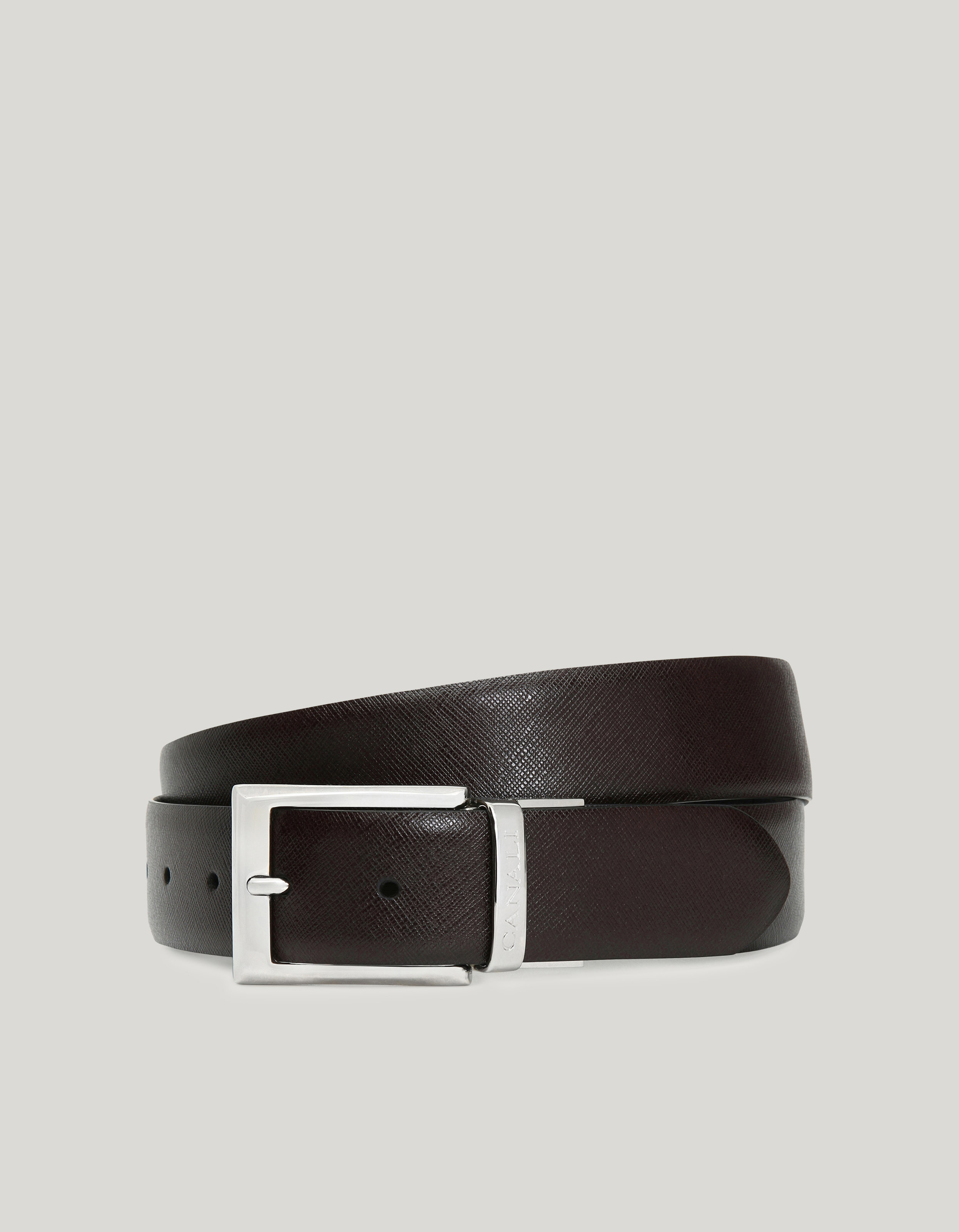 Black and brown reversible printed saffiano and plain calfskin belt 