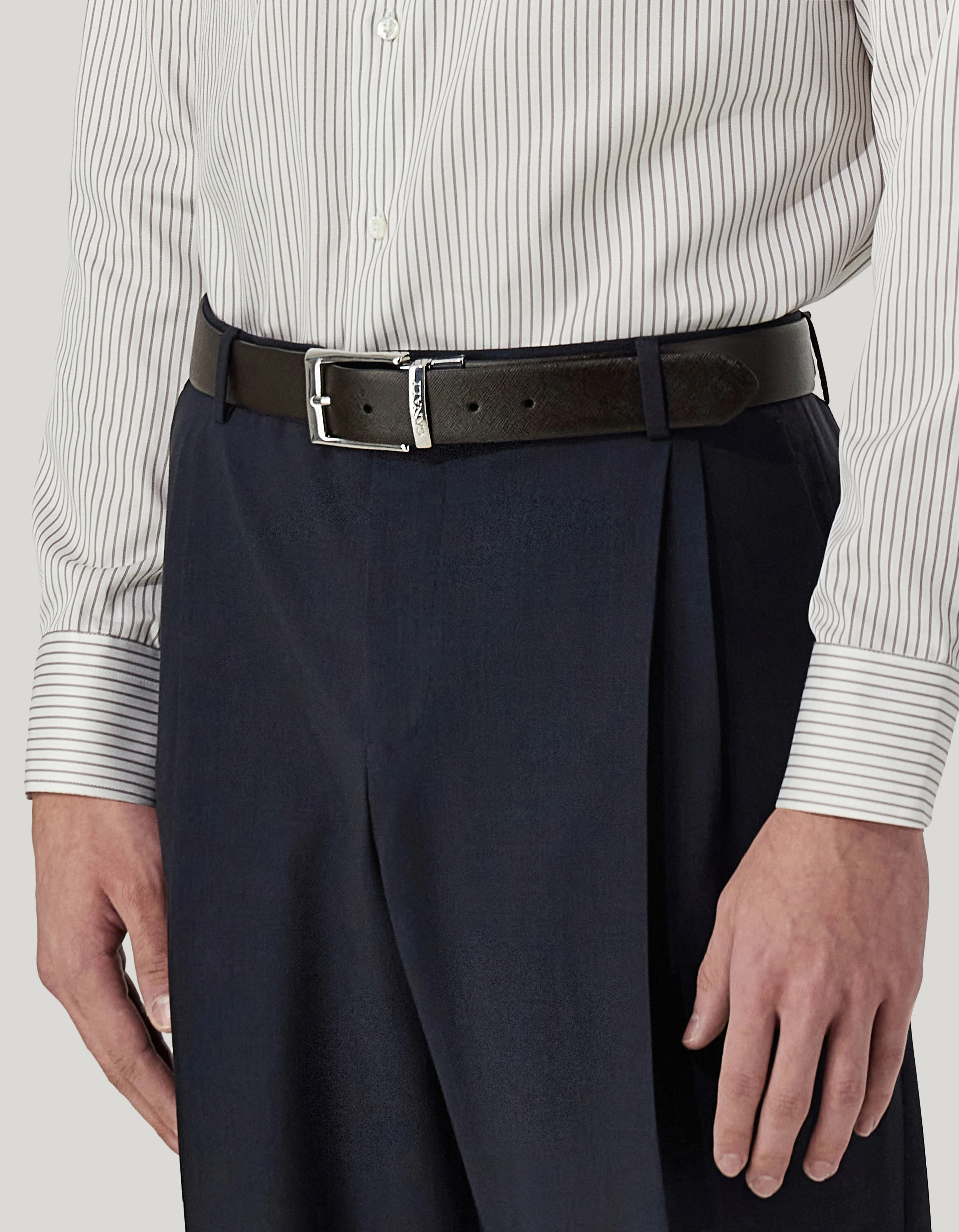 Black and brown reversible printed saffiano and plain calfskin belt