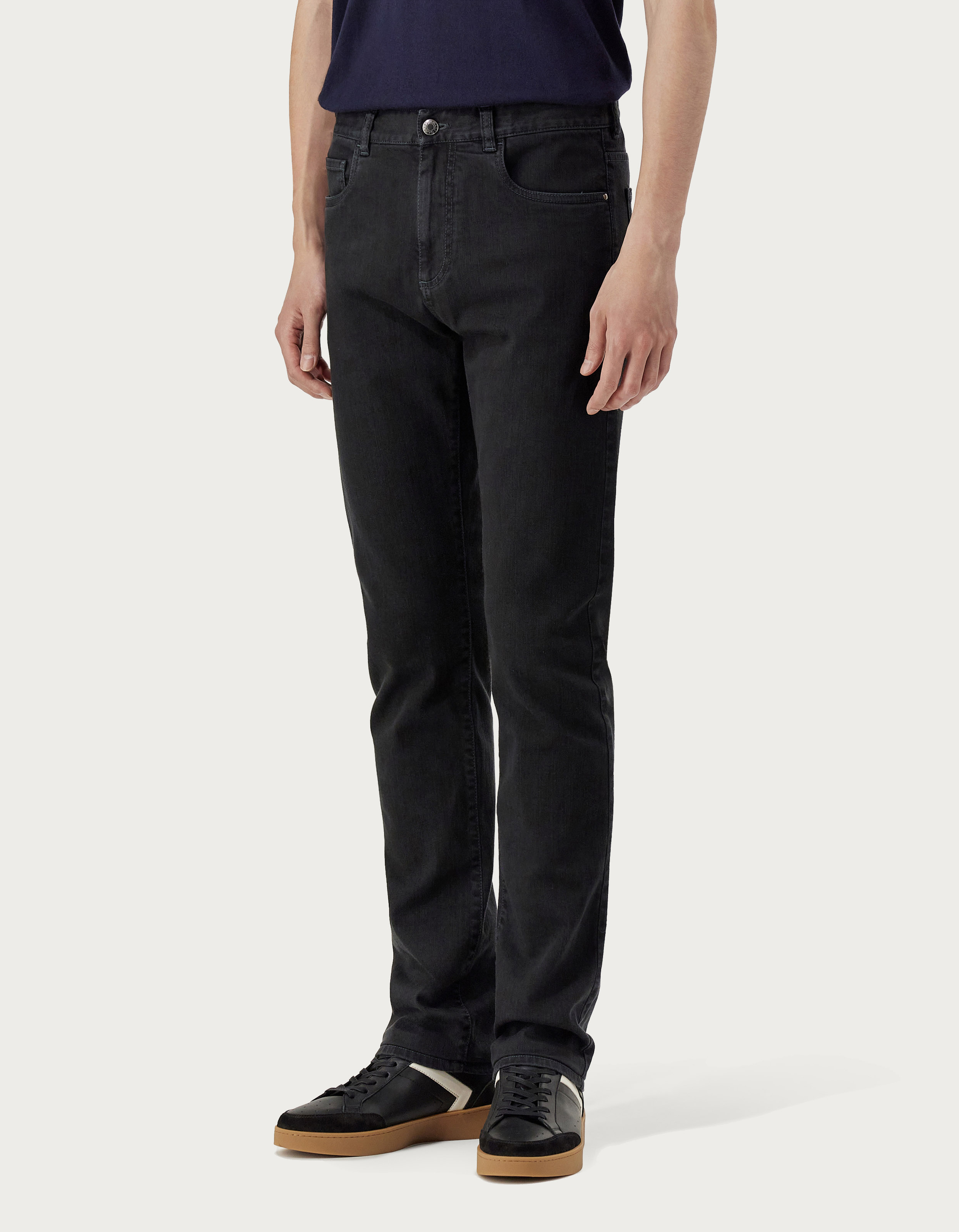 Black five-pocket stretch denim pants