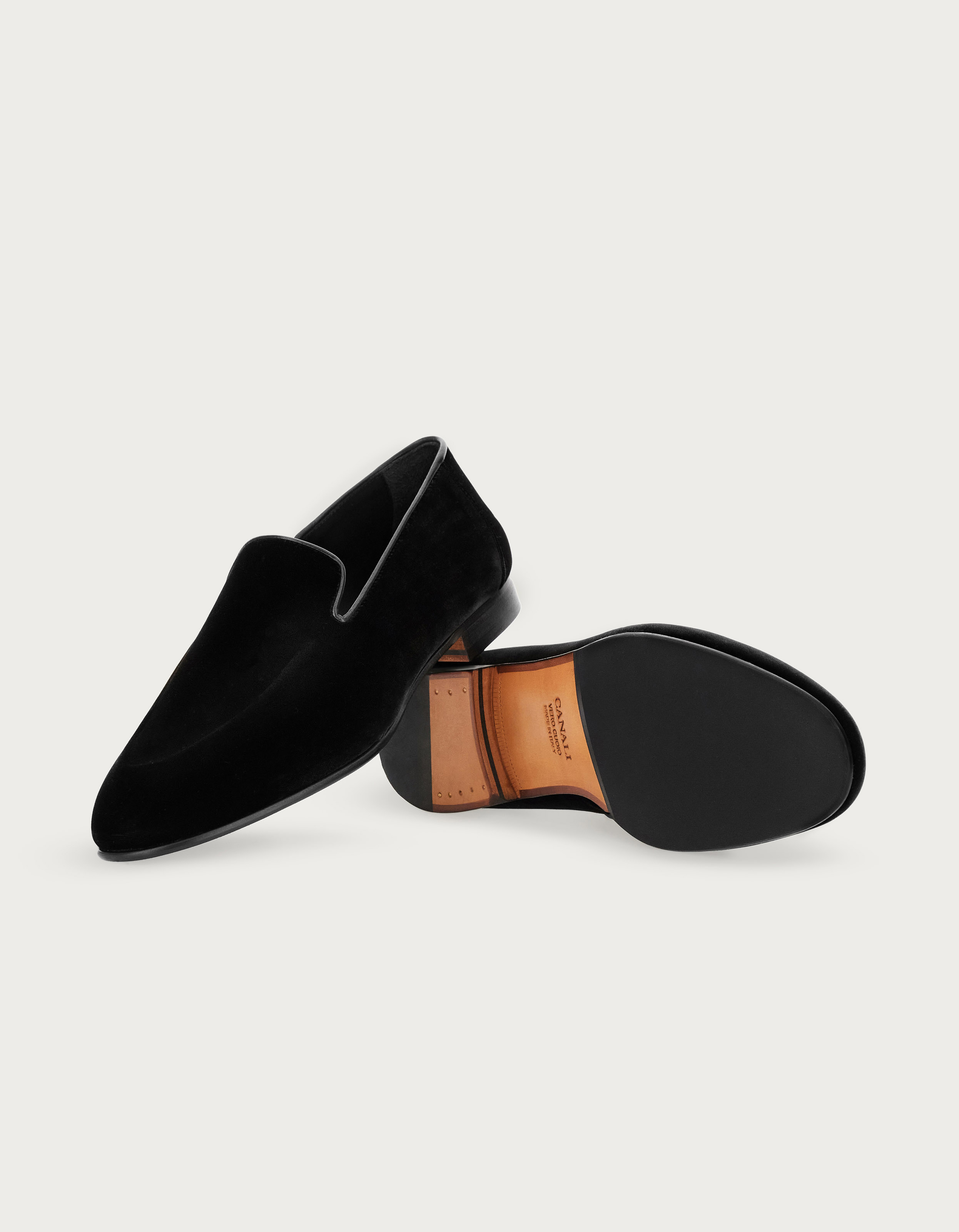 Double black velvet slip-ons